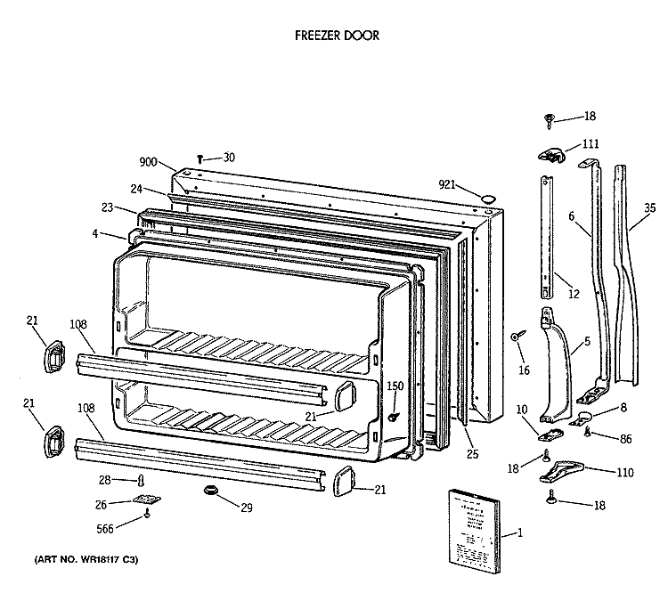 FREEZER DOOR Diagram and Parts List for CTX18BASJRWH  Hotpoint Refrigerator