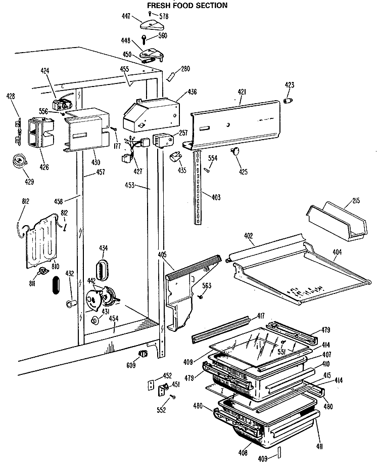 FRESH FOOD SECTION Diagram and Parts List for MSXH24DLL  General Electric Refrigerator