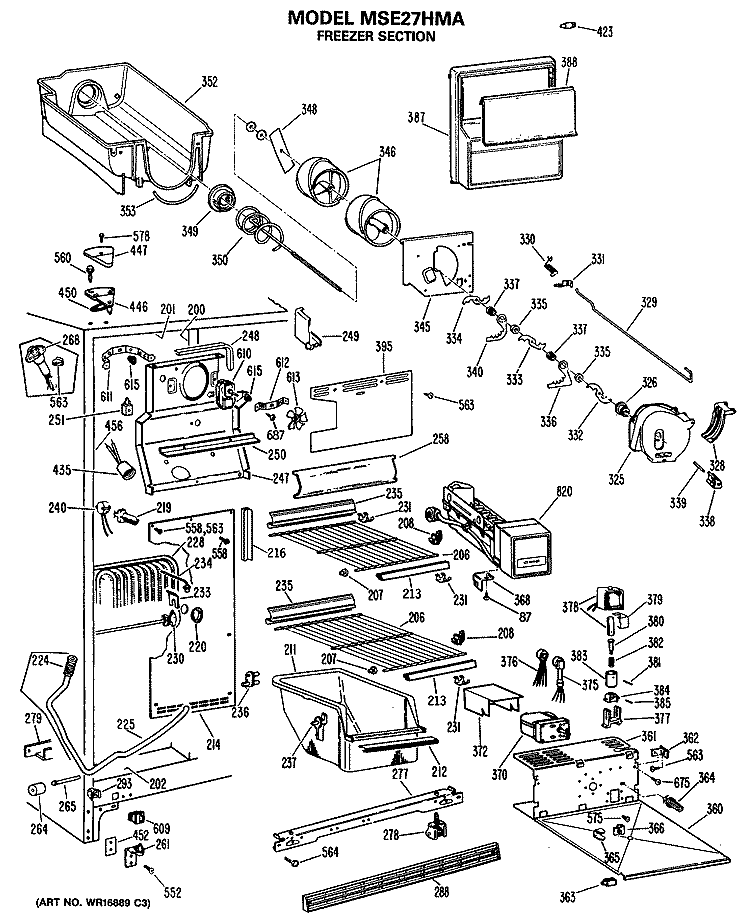 FREEZER SECTION Diagram and Parts List for MSE27HMA  General Electric Refrigerator