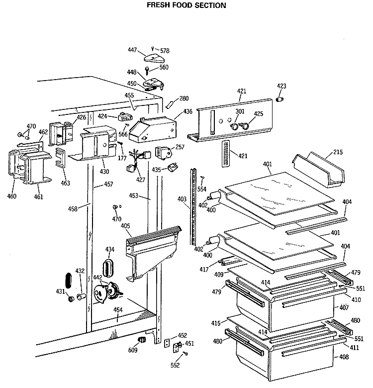 FRESH FOOD SECTION Diagram and Parts List for MSG20GWSAWH  General Electric Refrigerator
