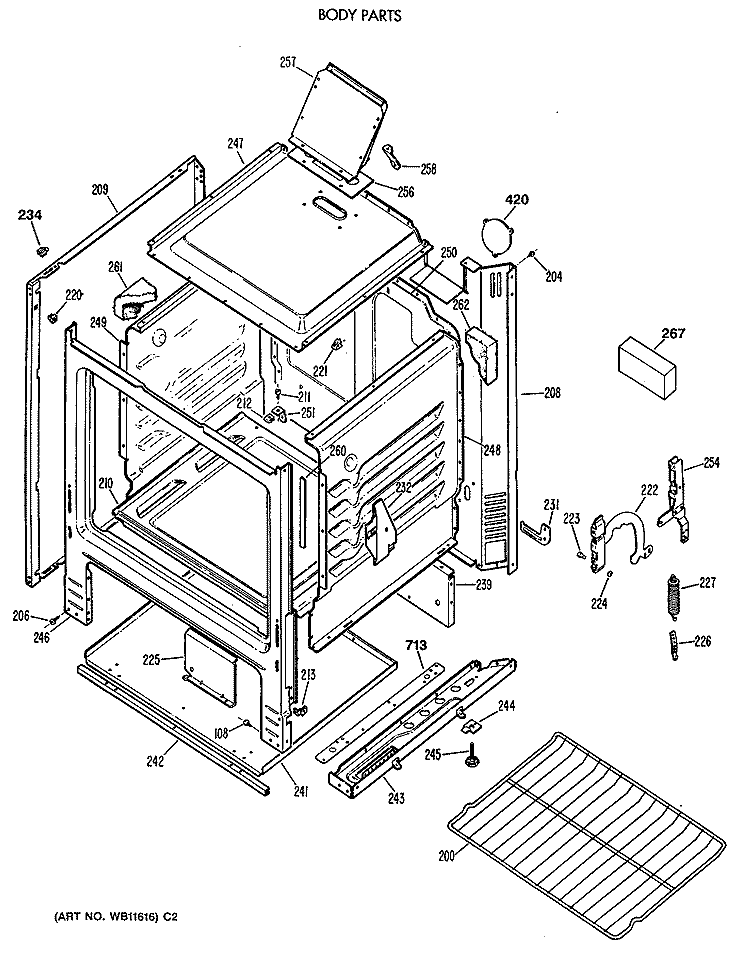 BODY PARTS Diagram and Parts List for LGB116GPT2WH  General Electric Range