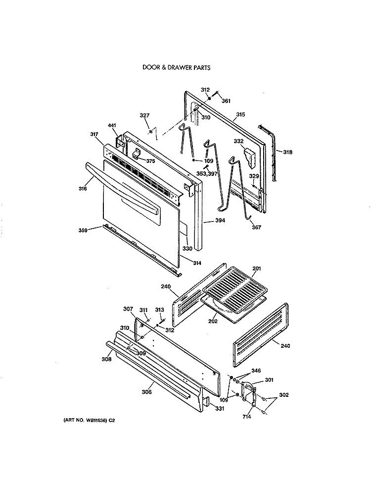 DOOR & DRAWER PARTS Diagram and Parts List for LGB116GPT2WH  General Electric Range