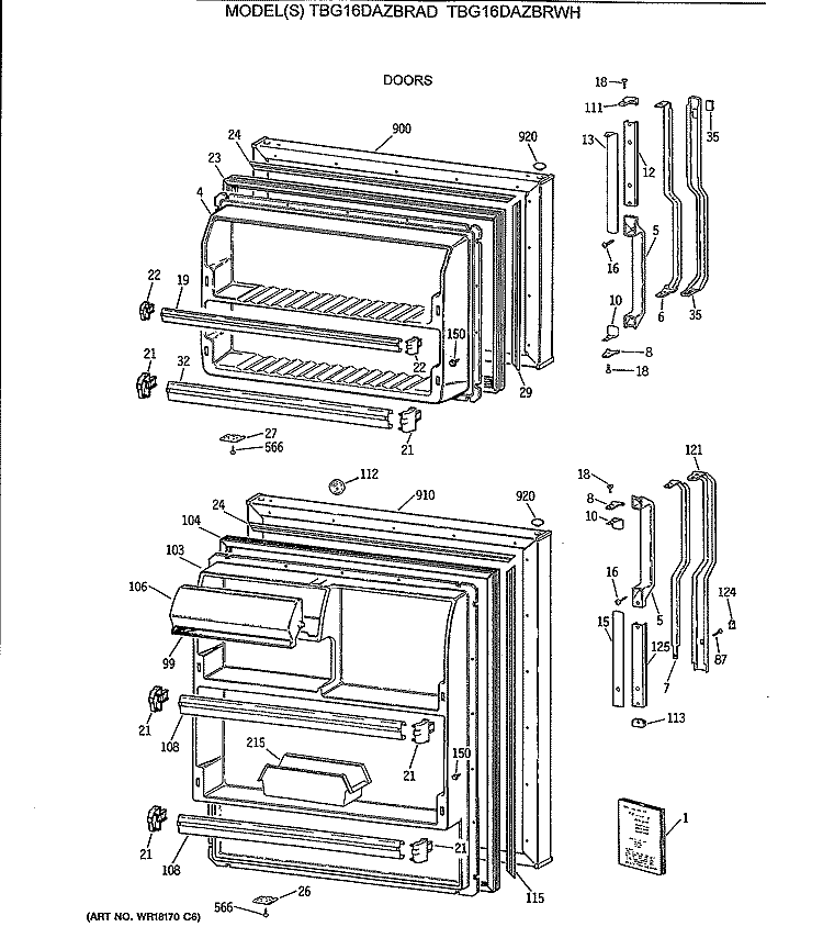 DOORS Diagram and Parts List for TBG16DAZBRWH  General Electric Refrigerator