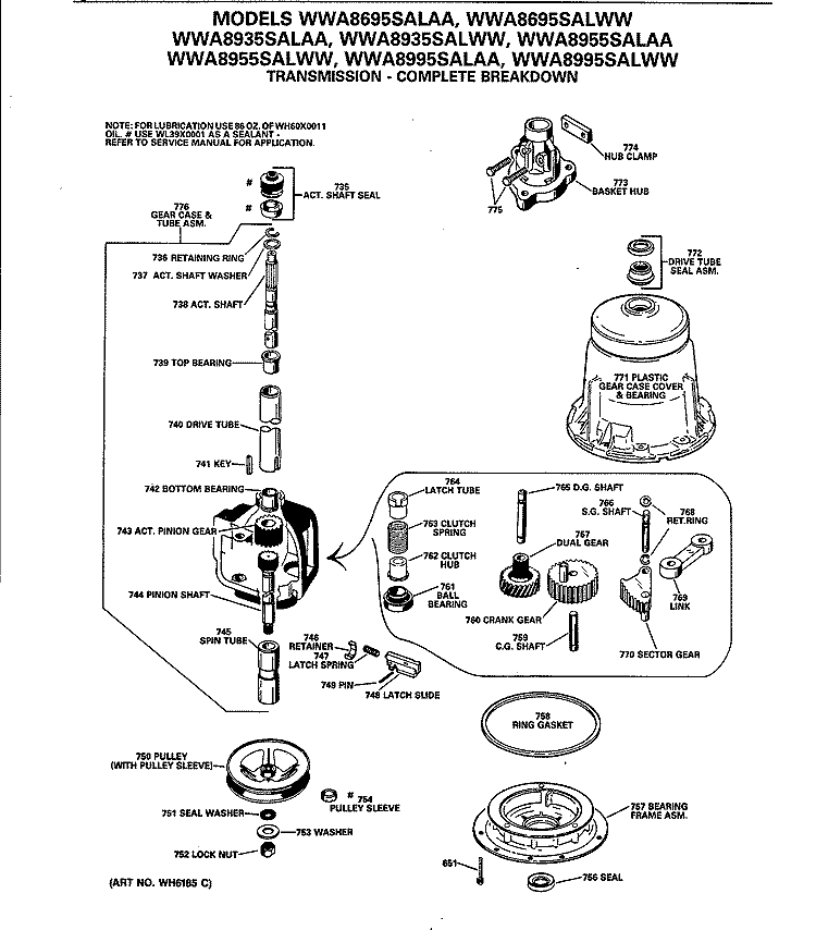 TRANSMISSION - COMPLETE BREAKDOWN Diagram and Parts List for WWA8955SALAA  General Electric Washer