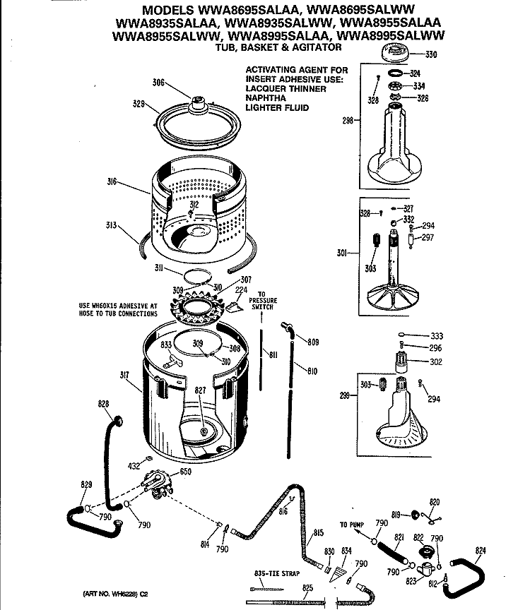 TUB, BASKET & AGITATOR Diagram and Parts List for WWA8955SALAA  General Electric Washer