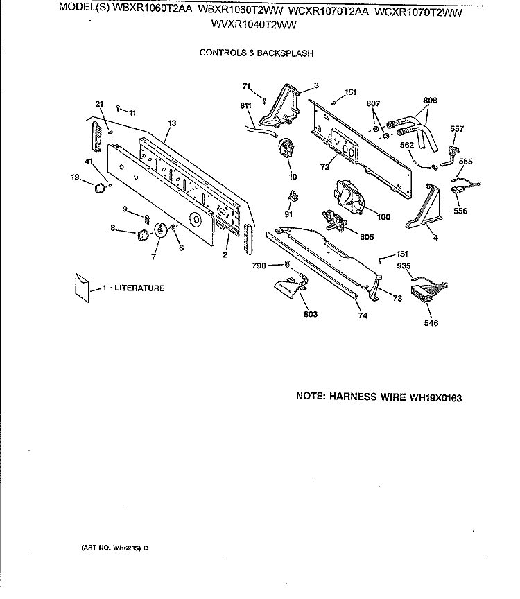 CONTROLS & BACKSPLASH Diagram and Parts List for WBXR1060T2AA  General Electric Washer