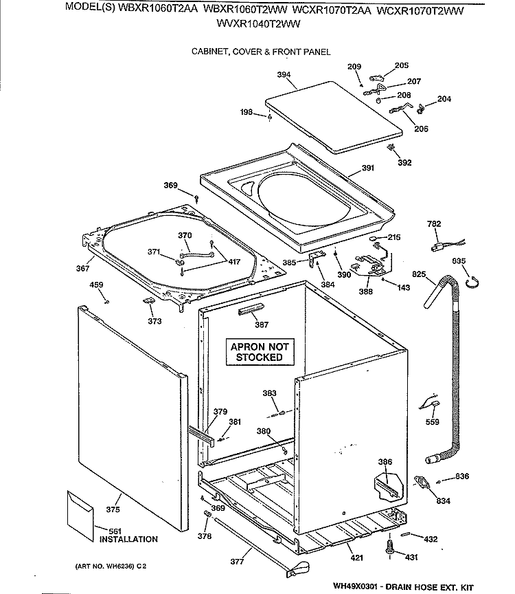 CABINET, COVER & FRONT PANEL Diagram and Parts List for WBXR1060T2AA  General Electric Washer