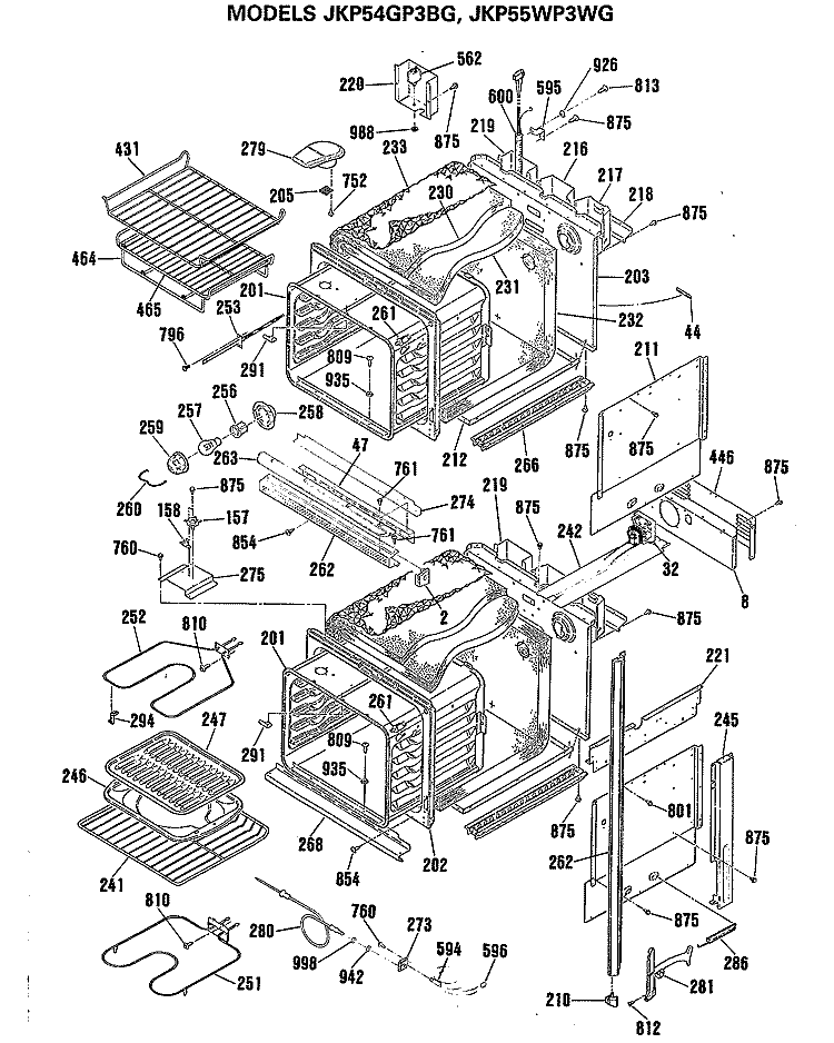 Section Diagram and Parts List for JKP54GP3BG  General Electric Wall Oven