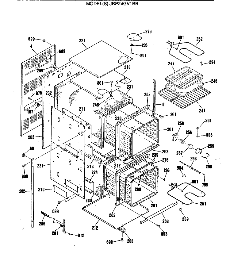 Section Diagram and Parts List for JRP24GV1BB  General Electric Wall Oven