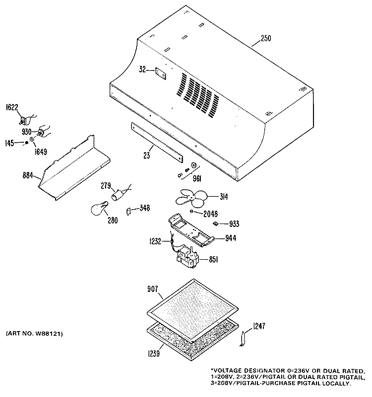 Section Diagram and Parts List for JN322*03  General Electric Range Hood