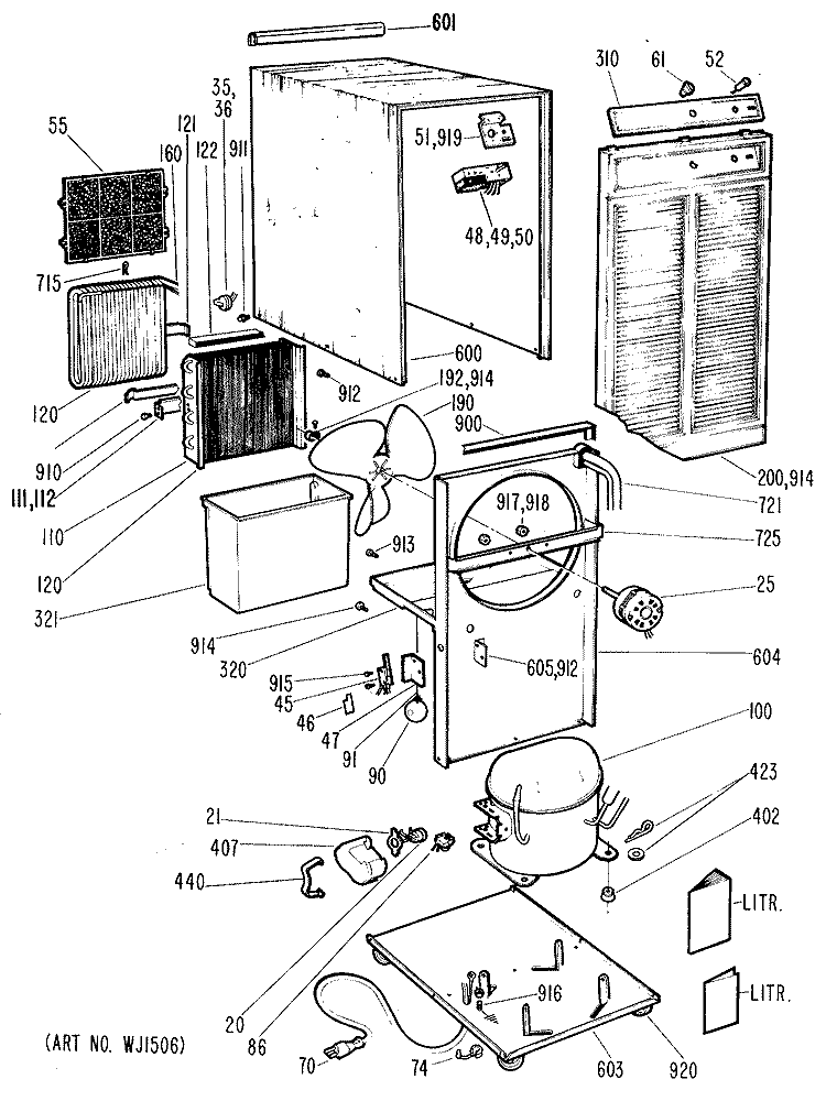 Section Diagram and Parts List for AHD40AA  General Electric Dehumidifier