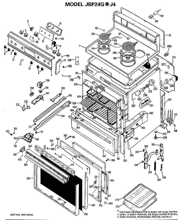 Section Diagram and Parts List for JBP24G*J4  General Electric Range