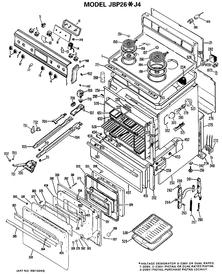 Section Diagram and Parts List for JBP26*J4  General Electric Range