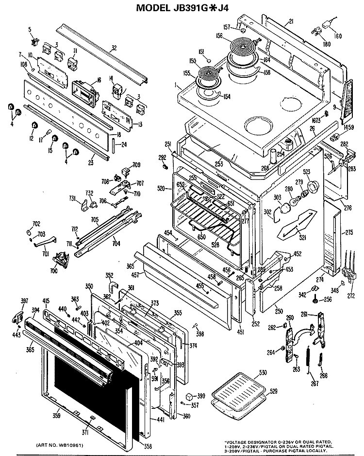 Section Diagram and Parts List for JB391G*J4  General Electric Range
