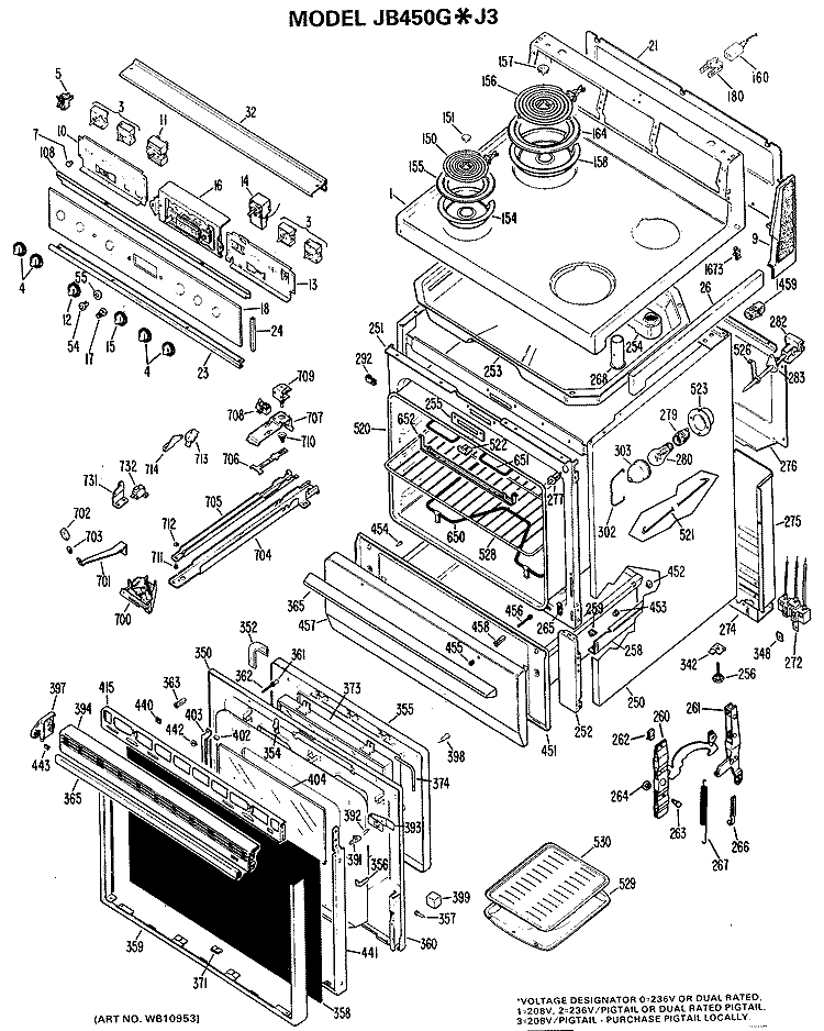 Section Diagram and Parts List for JB450G*J3  General Electric Range