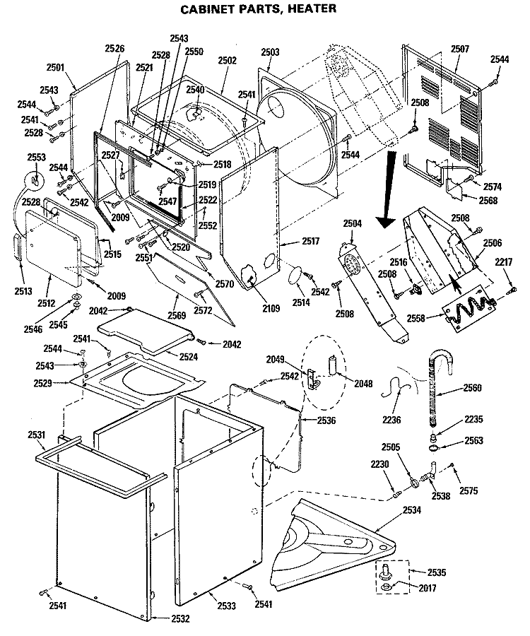 CABINET PARTS, HEATER Diagram and Parts List for WSM2000HAW  General Electric Washer Dryer Combo