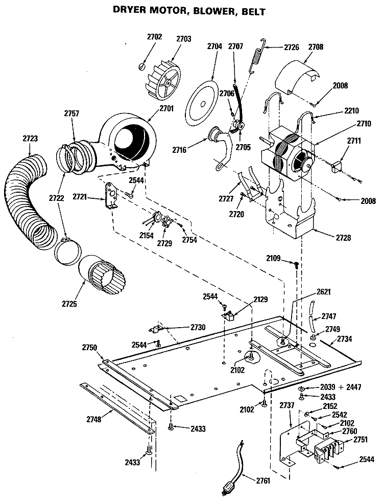 DRYER MOTOR, BLOWER, BELT Diagram and Parts List for WSM2000HAW  General Electric Washer Dryer Combo
