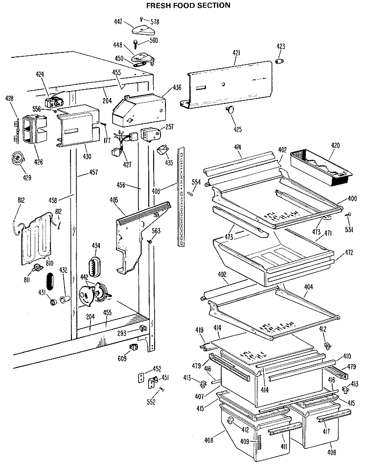 FRESH FOOD SECTION Diagram and Parts List for TFX24RJF  General Electric Refrigerator
