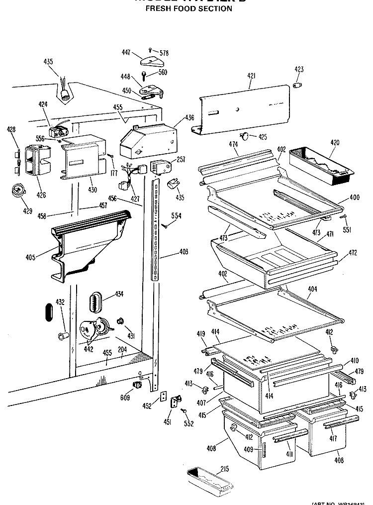 FRESH FOOD SECTION Diagram and Parts List for TFX24ZKB  General Electric Refrigerator