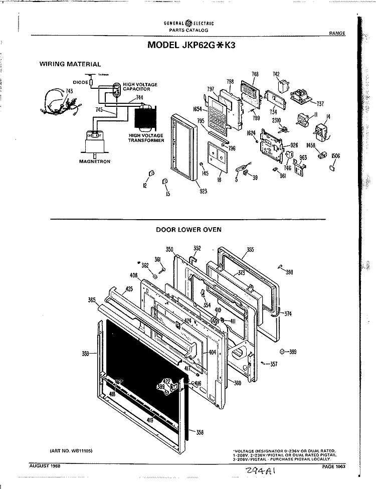 WIRING MATERIAL Diagram and Parts List for JKP62G*K3  General Electric Microwave Oven Combo