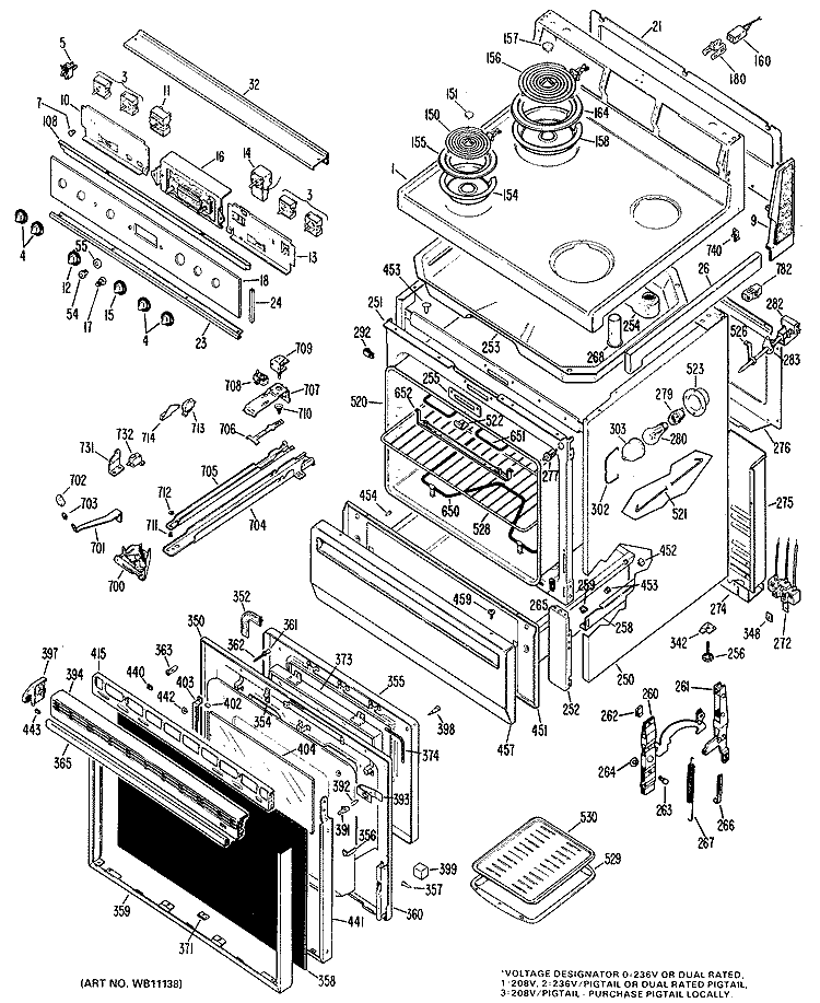Section Diagram and Parts List for JB450G*K1  General Electric Range
