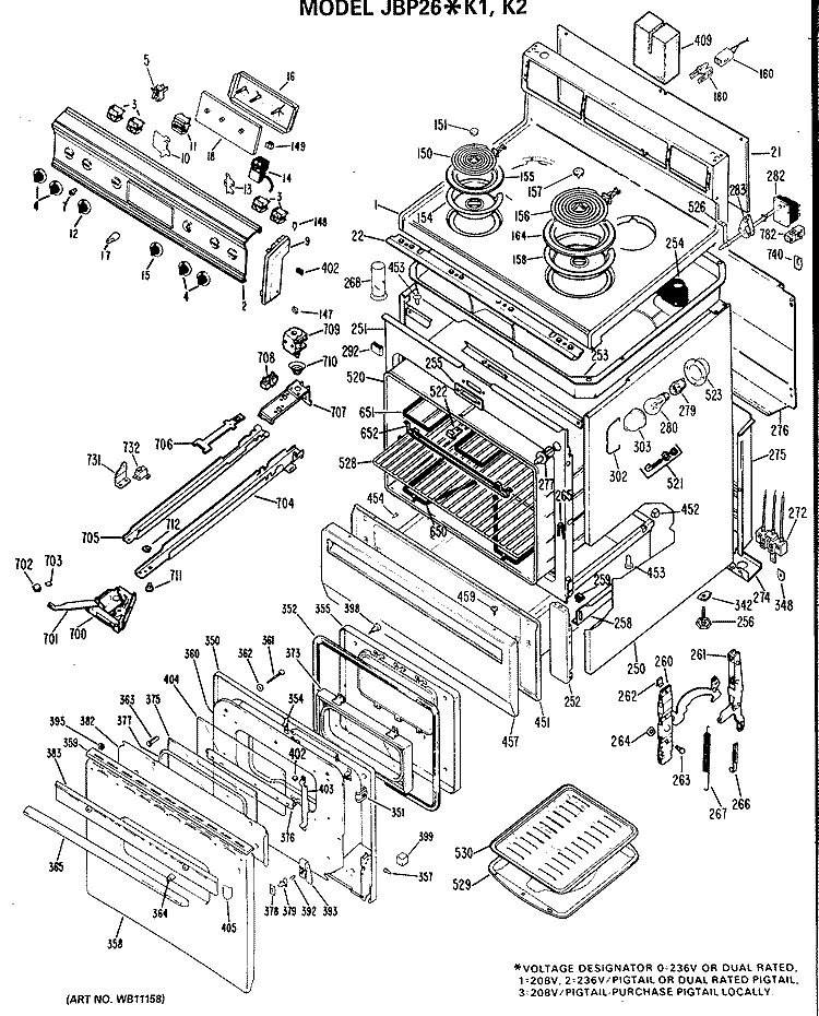 Section Diagram and Parts List for JBP26*K2  General Electric Range