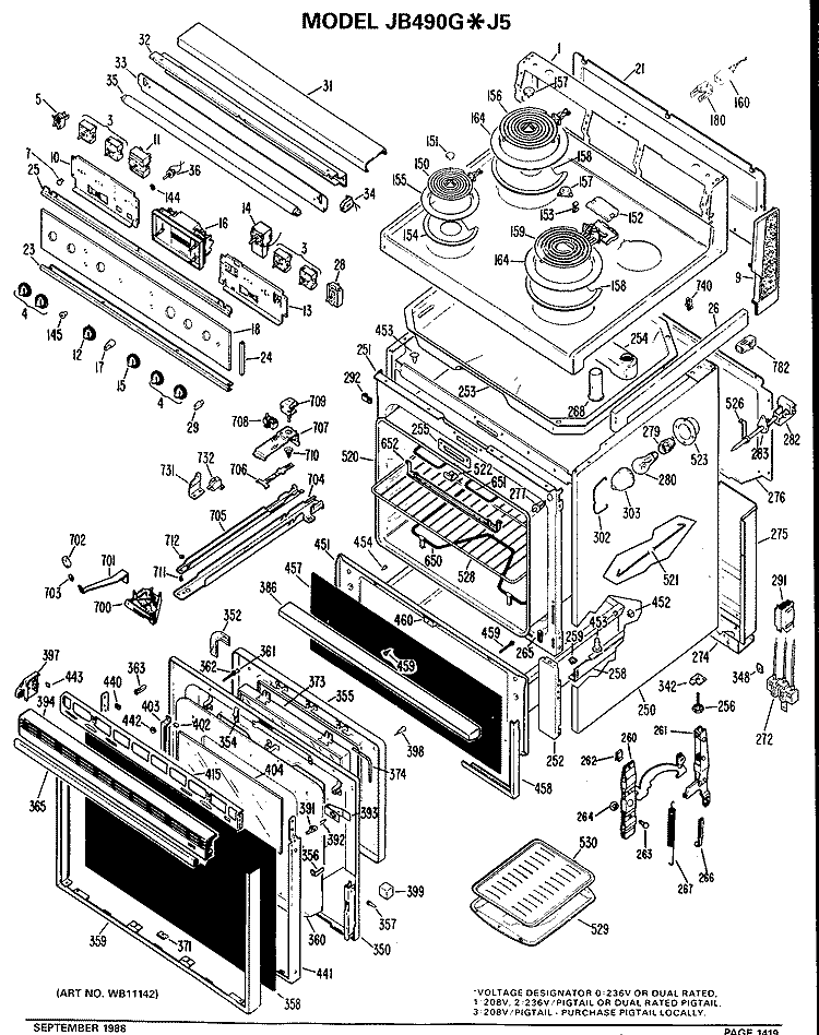 Section Diagram and Parts List for JB490G*J5  General Electric Range