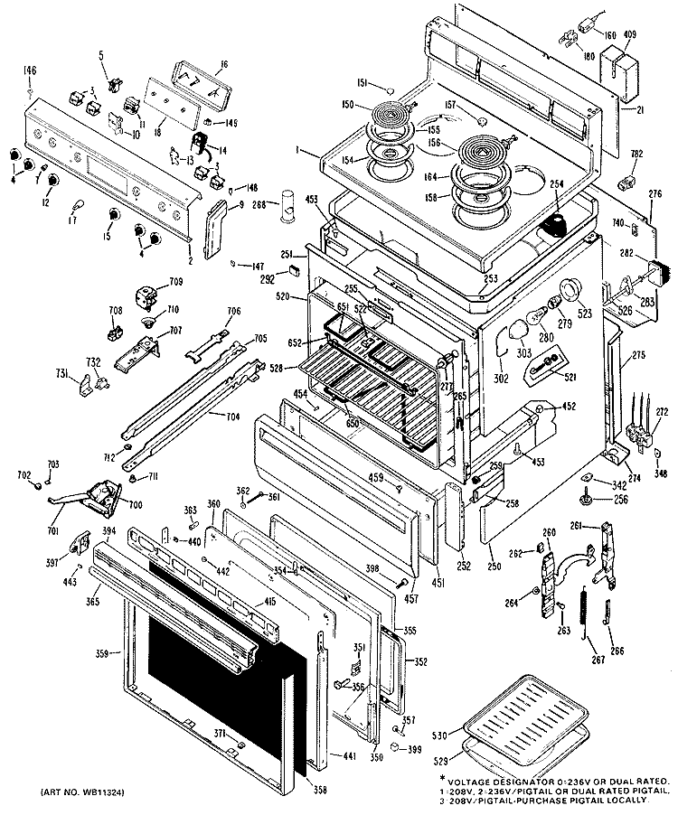Section Diagram and Parts List for JBP24G*N1  General Electric Range