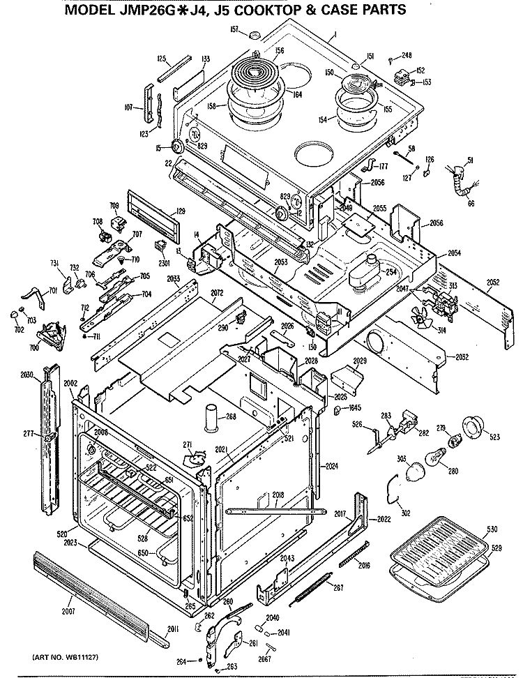 COOKTOP & CASE PARTS Diagram and Parts List for JMP26G*J4  General Electric Range