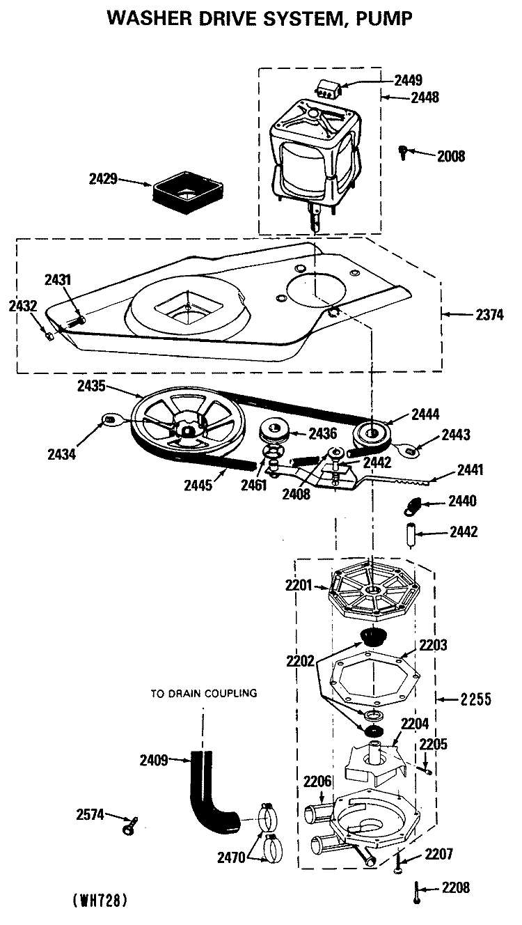 WASHER DRIVE SYSTEM, PUMP Diagram and Parts List for WSM2000HCW  General Electric Washer Dryer Combo