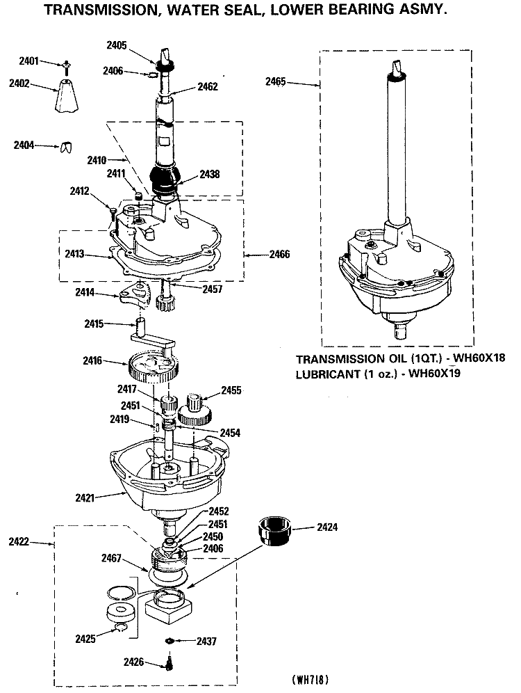 TRANSMISSION, WATER SEAL, LOWER BEARING ASMY. Diagram and Parts List for WSM2000HCW  General Electric Washer Dryer Combo