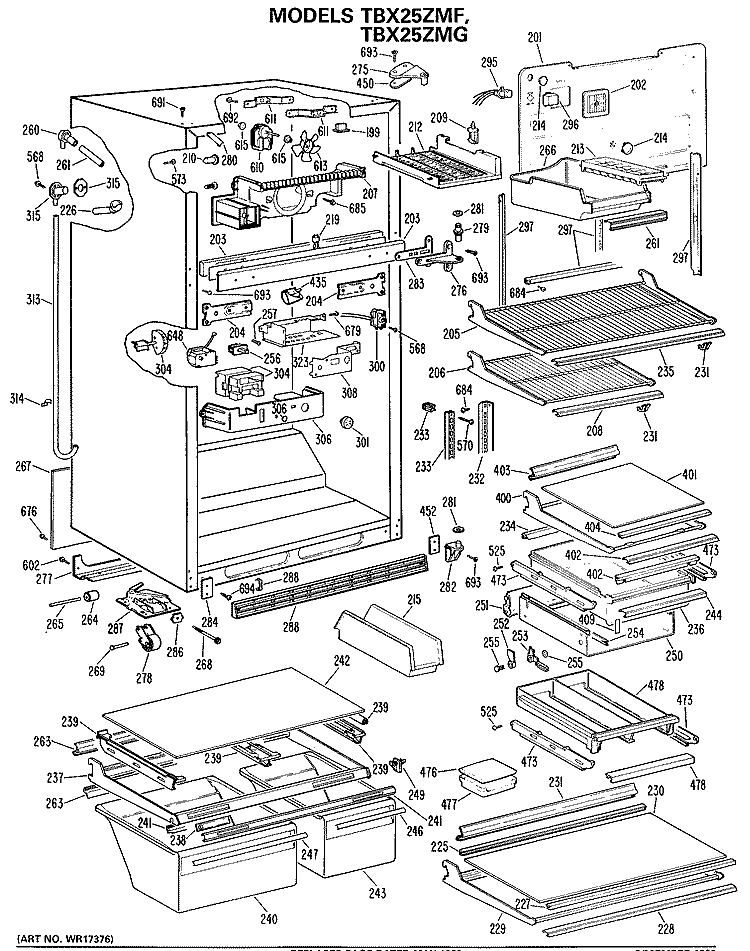 Section Diagram and Parts List for TBX25ZMFRWH  General Electric Refrigerator