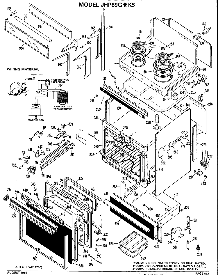 Section Diagram and Parts List for JHP69G*K5  General Electric Microwave Oven Combo