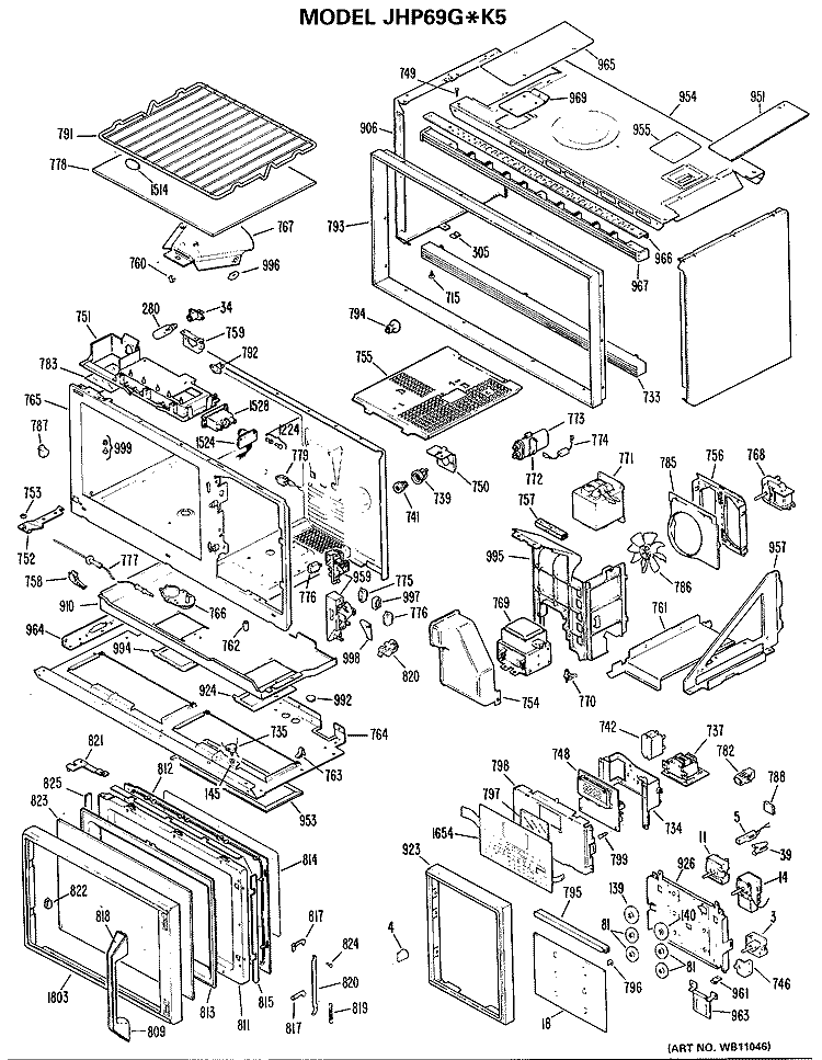 Section Diagram and Parts List for JHP69G*K5  General Electric Microwave Oven Combo