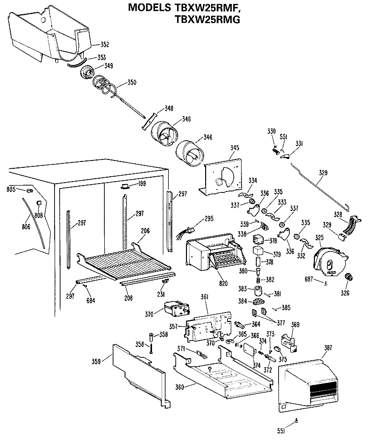 Section Diagram and Parts List for TBXW25RMGLWH  General Electric Refrigerator