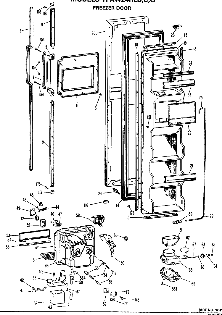FREEZER DOOR Diagram and Parts List for TFXW24RLG  General Electric Refrigerator