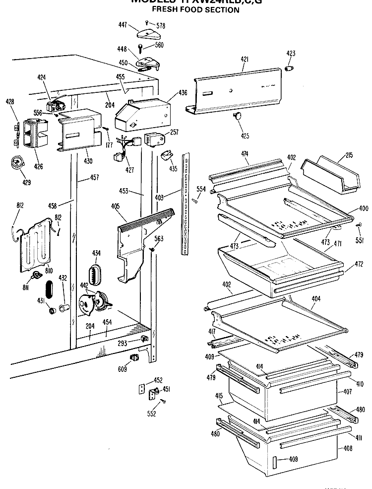 FRESH FOOD SECTION Diagram and Parts List for TFXW24RLG  General Electric Refrigerator