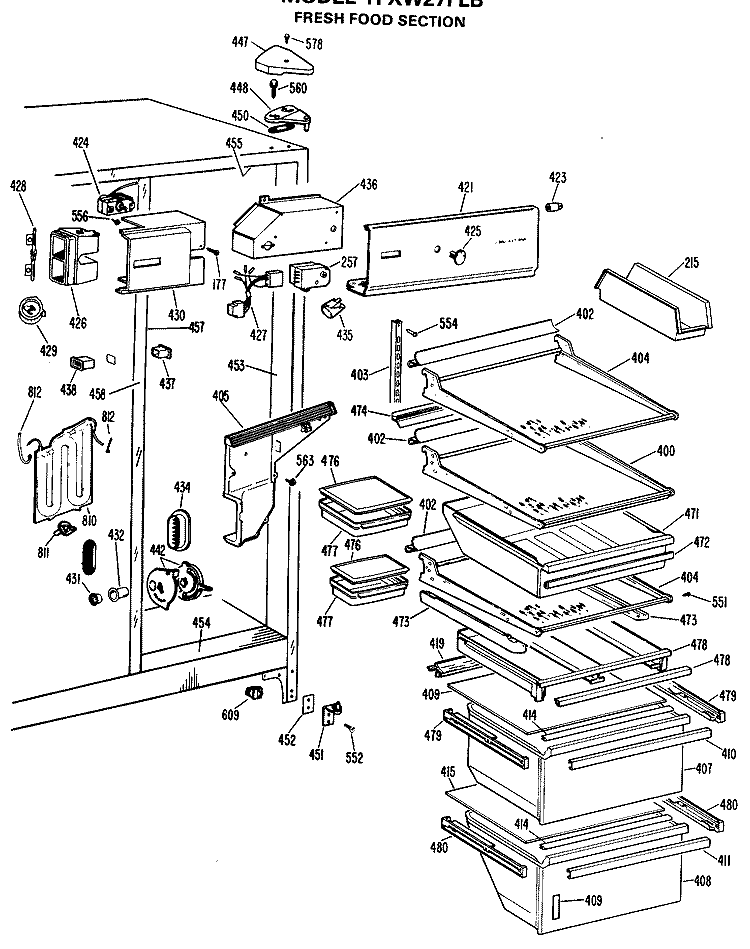 FRESH FOOD SECTION Diagram and Parts List for TFXW27FLB  General Electric Refrigerator