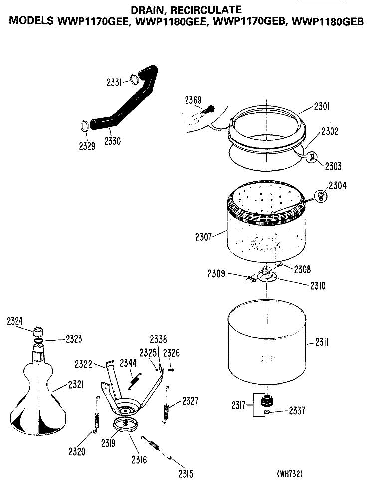 DRAIN, RECIRCULATE Diagram and Parts List for WWP1180GEE  General Electric Washer