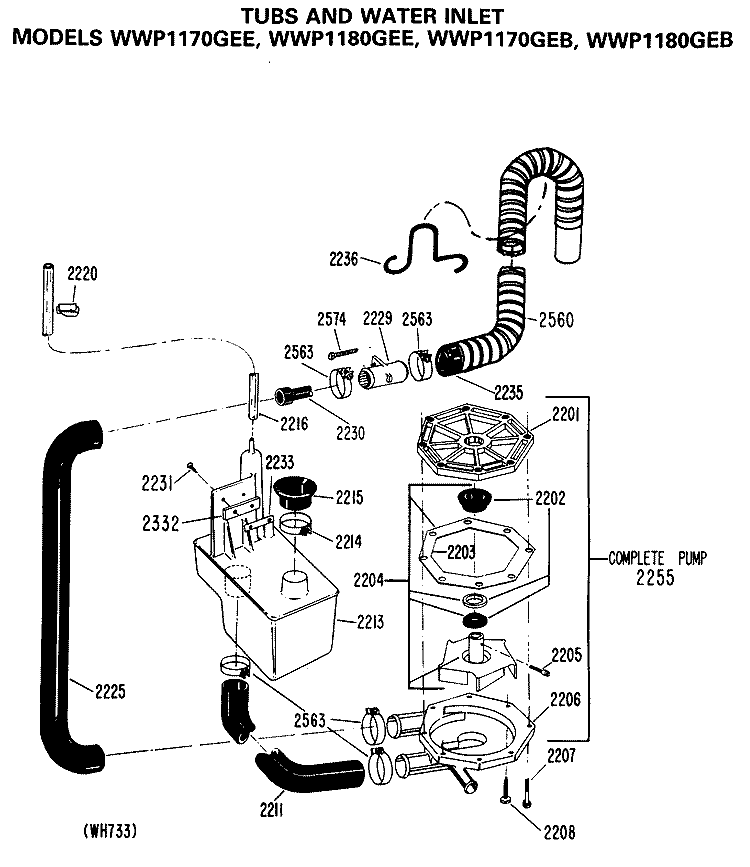 TUBS AND WATER INLET Diagram and Parts List for WWP1180GEE  General Electric Washer
