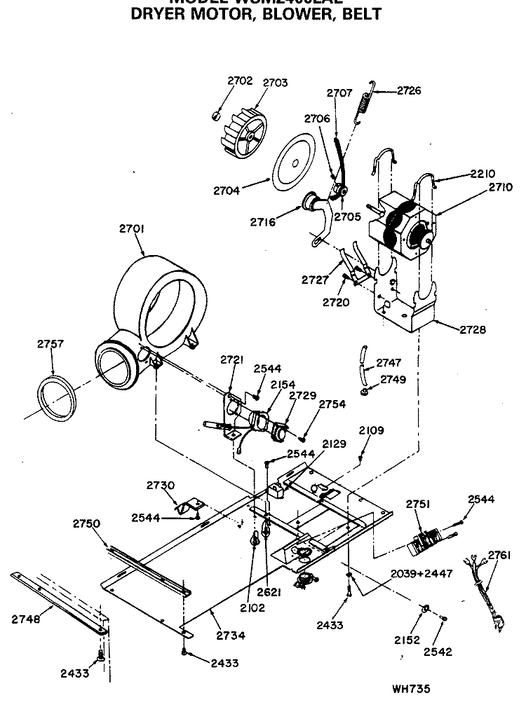 DRYER MOTOR, BLOWER, BELT Diagram and Parts List for WSM2400LAE  General Electric Washer Dryer Combo