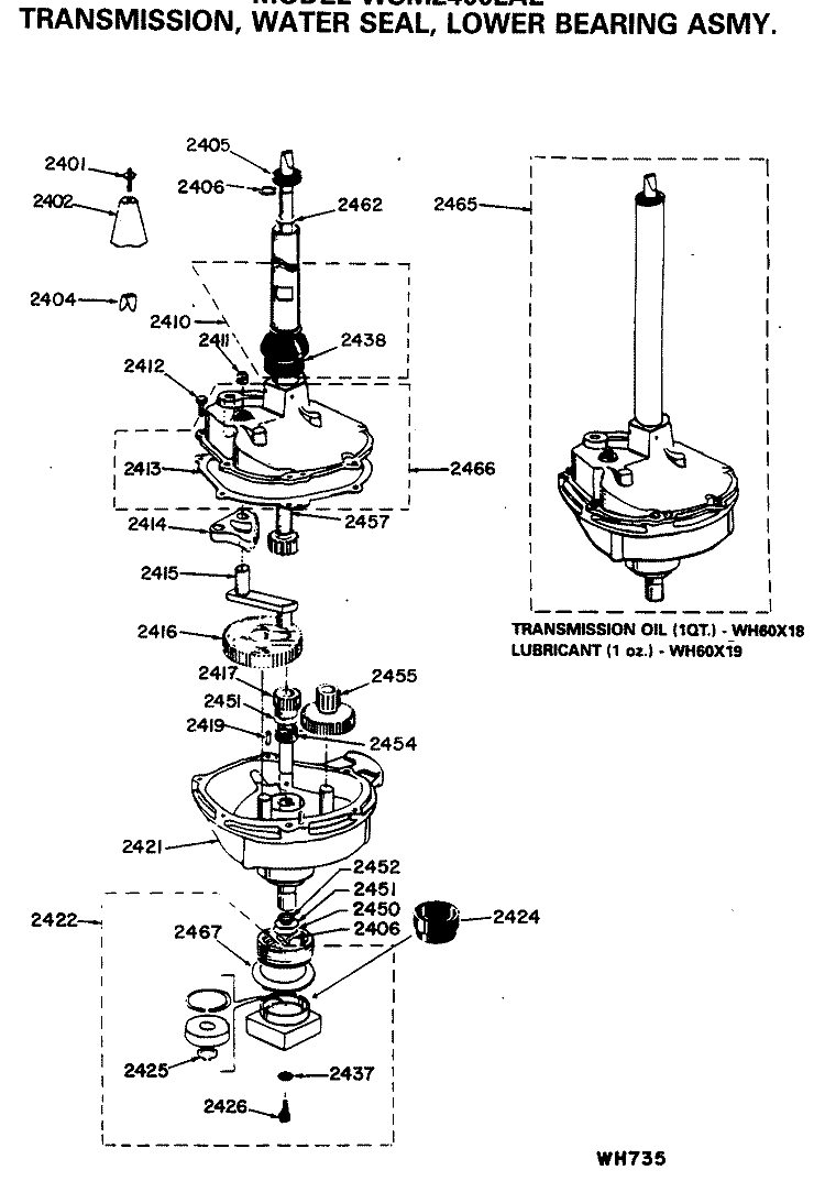 TRANSMISSION, WATER SEAL, LOWER BEARING ASMY. Diagram and Parts List for WSM2400LAE  General Electric Washer Dryer Combo