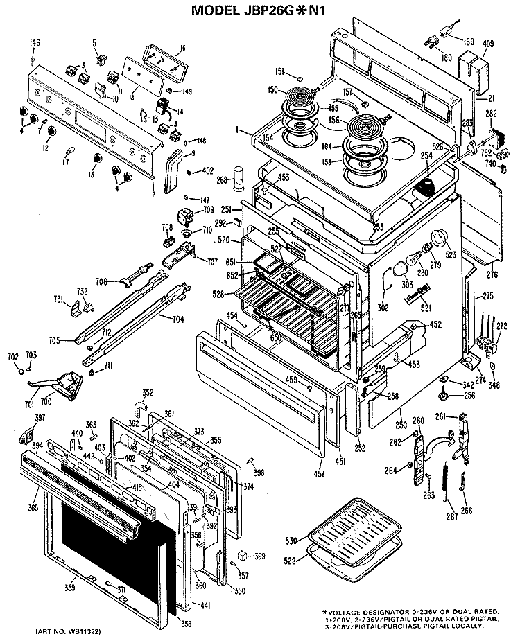 Section Diagram and Parts List for JBP26G*N1  General Electric Range