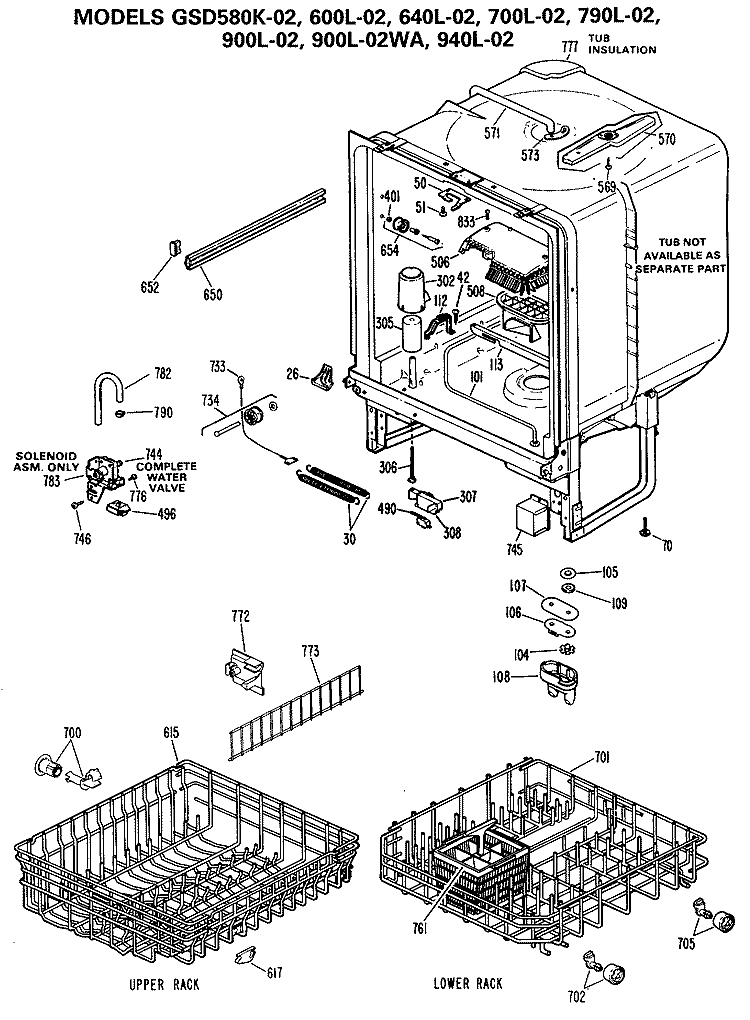 Section Diagram and Parts List for GSD580K-02  General Electric Dishwasher