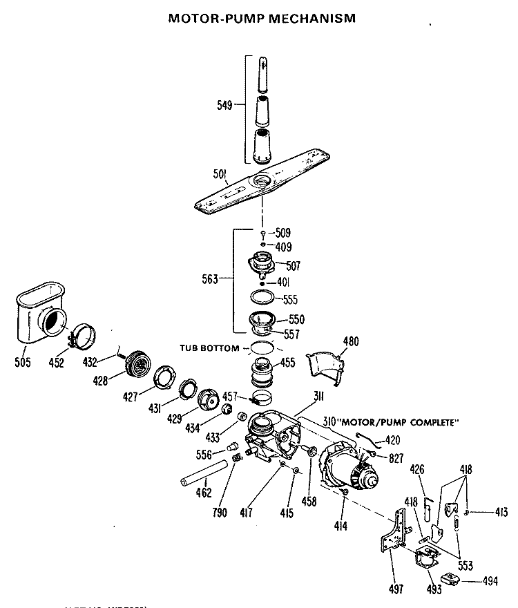 MOTOR - PUMP MECHANISM Diagram and Parts List for GSD800M-01  General Electric Dishwasher