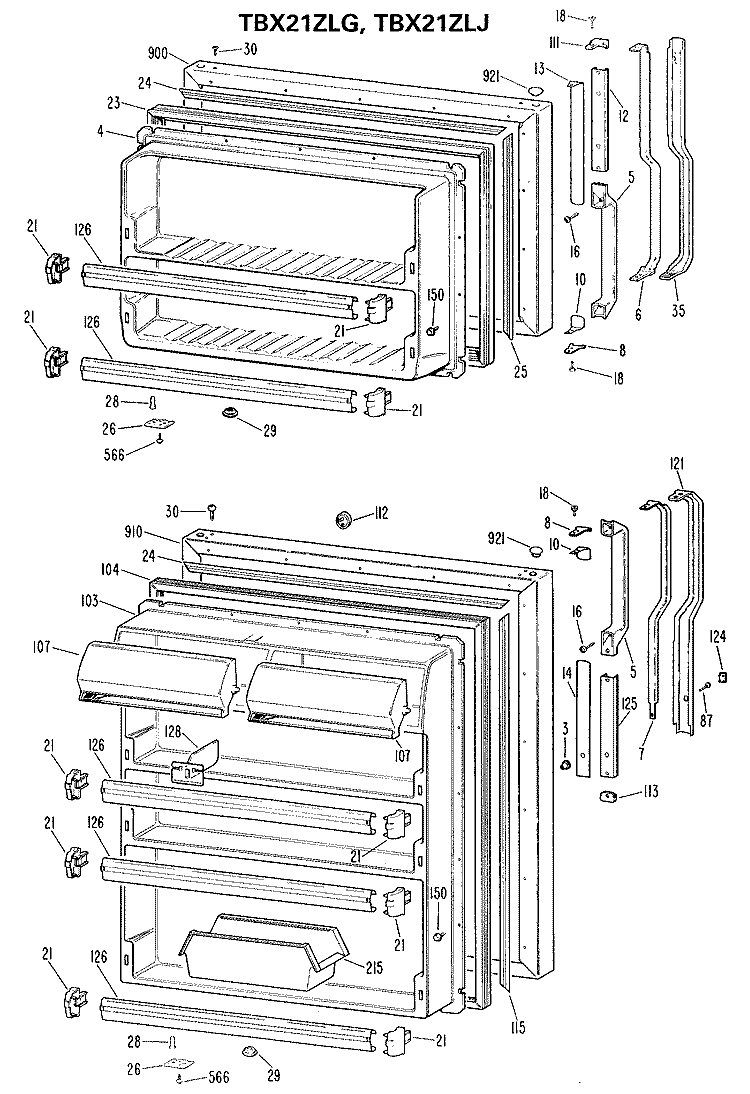 Section Diagram and Parts List for TBX21ZLFRAD  General Electric Refrigerator