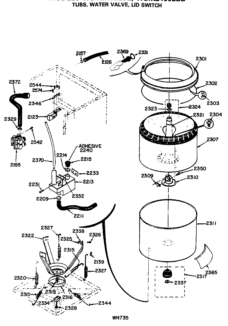 TUBS, WATER VALVE, LID SWITCH Diagram and Parts List for WSM2400LBB  General Electric Washer Dryer Combo