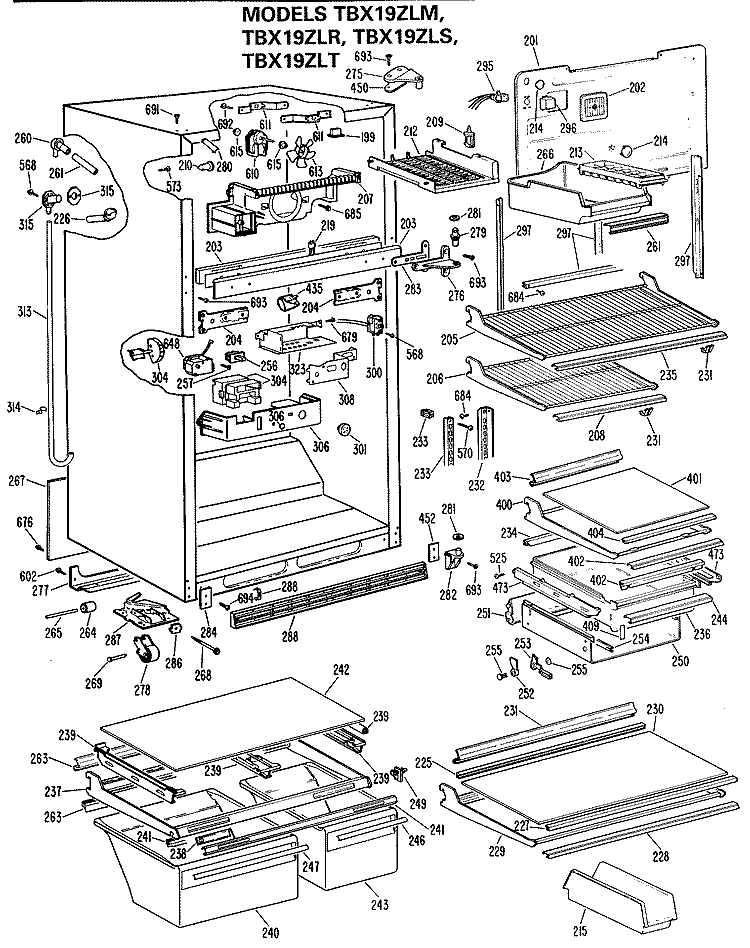 Section Diagram and Parts List for TBX19ZLSRAD  General Electric Refrigerator