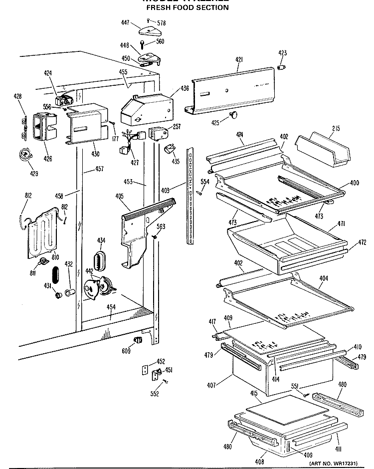 FRESH FOOD SECTION Diagram and Parts List for TFX22RLL  General Electric Refrigerator
