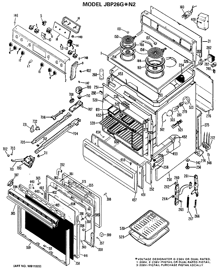 Section Diagram and Parts List for JBP26G*N2  General Electric Range